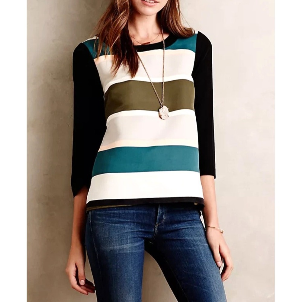 TROUBADOUR Anthropologie RUGBY Striped ZIP BACK 3/4 Sleeve BLOUSE/TOP Sz 6